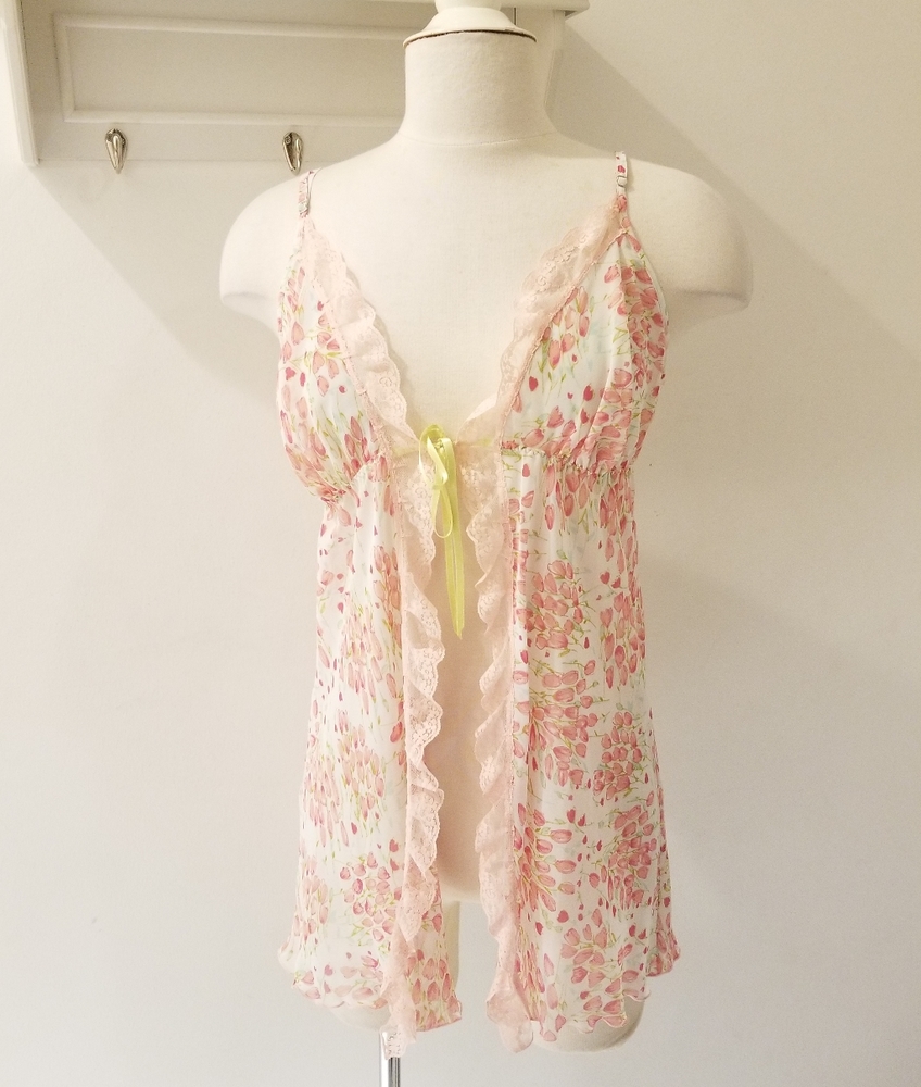 JLO Sheer Coral Pink Floral Open Front Babydoll Chemise Sz Jr L